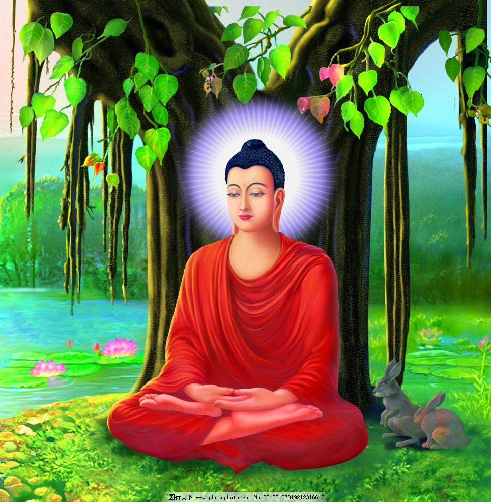 红色释迦牟尼佛在菩提树下分层图片