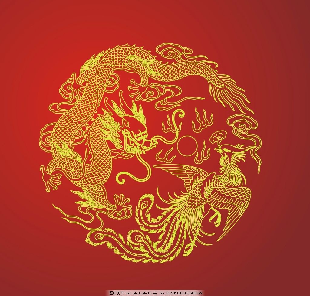 大人の上質  剪纸 龙凤图（赤と金の龍と花の切り絵）（龙凤喜字素材 结婚喜字 切り絵