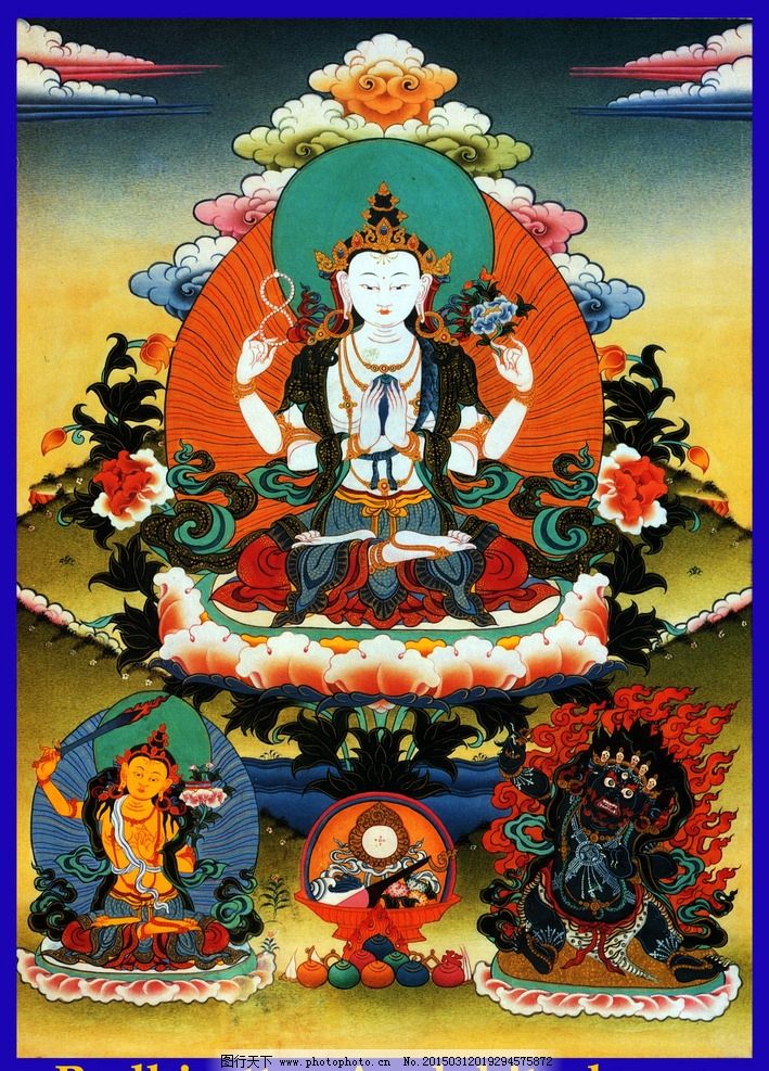 佛教,藏传,密宗,唐卡,四臂观音,,设计,文化艺术,宗教信仰,300DPI,JPG